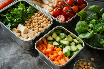 Assorted containers with vegetables, tofu, and chickpeas for healthy meal preparation and food storage concept