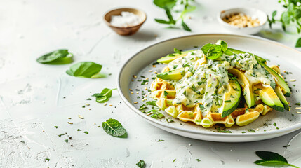 green vegan waffle with avocado. Spinach cheese waffles with avocado and zucchini on a white plate on white concrete background. Side view, copy space. Belgian waffle recipe, menu