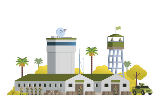 military base scene, flat design, soldiers, palm trees clip art preview