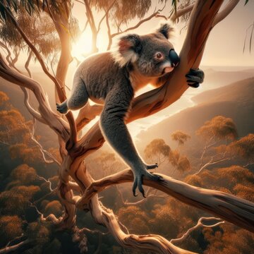 Koala bear walks around the heights in eucalyptus tree, Australian outback
