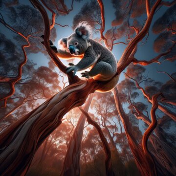 Koala bear walks around the heights in eucalyptus tree, Australian outback
