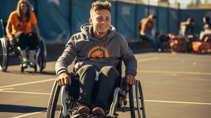 A Disabled Man In A Wheelchair Is Riding Around A Sports Court With Other Handicap People
