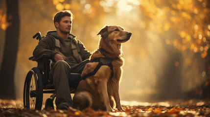 Man In A Wheelchair Is Spending Time With His Dog In Autumn Forest 