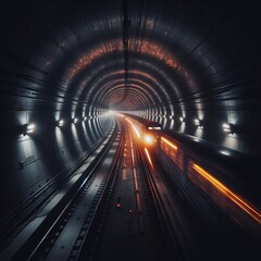 Subway tunnel with a train moving fast