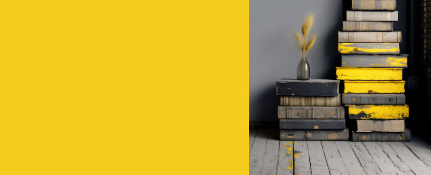 A stack of old books on the left side of the image with a wheat stalk in a vase sitting on top of the stack. The background is bright yellow, and the floor is a dark wood floor. Banner with copy space