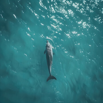 aerial shot looking down at a dolphin in a sparkling ocean
