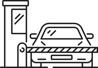 Auto garage service and parking thin line icon. Automobile public parking area, vehicle park zone or transport garage service place line vector symbol with car waiting, behind parking gate barrier