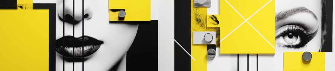 A portrait with bold geometric elements. Yellow and black intersect on the woman's face, creating a striking composition. Wide banner.