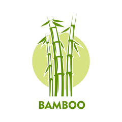 Fototapeta na wymiar Asian bamboo icon, spa massage, beauty and health symbol. Isolated vector emblem with green plant stems and leaves symbolizes strength, growth, harmony, balance, resilience of nature and tranquility