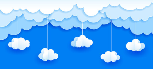 Sky clouds paper cut landscape. 3d vector natural papercut art with white volumetric cumulus wisps hanging on strings in a delicate celestial beauty. Background for weather forecast or childish design