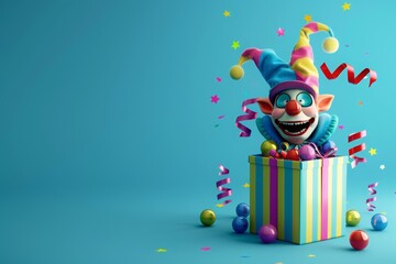 Naklejka premium April Fools' Day. Jester hat popping out from a gift box isolated on a light blue background. colorful, crazy jester hat in the style of a cartoon