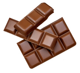 Dark chocolate bars isolated on white background. Milk chocolate pieces Top view. Flat lay.