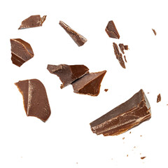 Chocolate broken into pieces in the air isolated on a white background. Milk dark  chocolate explosion, pieces shattering on white background close up. - 755706007