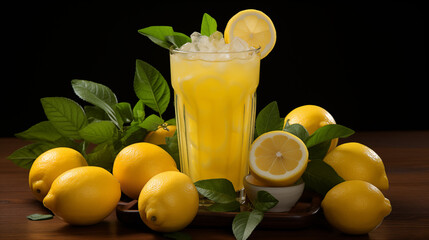Fototapeta premium Fresh lemonade in glass with ice and sliced lemons on a wooden surface with a dark background.