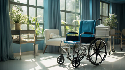 Blue Wheelchair in Spacious Hospital Room