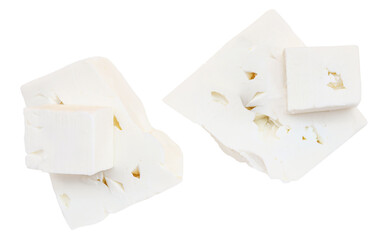 Feta cheese on isolated on white background, top view. Various Fesh Greek feta cheese pieces close...