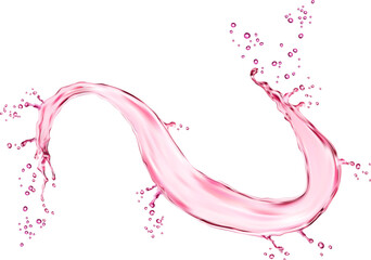 Realistic pink water swirl splash with drops splatter for fruit juice or wine drink, isolated vector. Crystal pure sparkling splash wave of pink wine or fruit juice in twirl flow of spill pour - 755706099