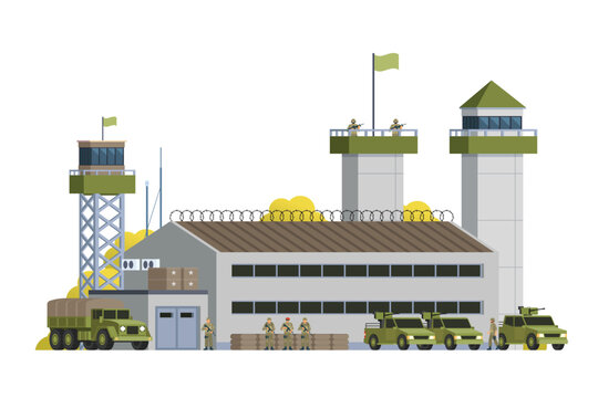 military base scene with trucks and soldiers clip art preview