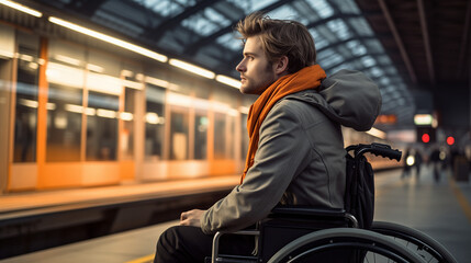 A Handicap Man In A Wheelchair Is Waiting For His Train At The Train Station