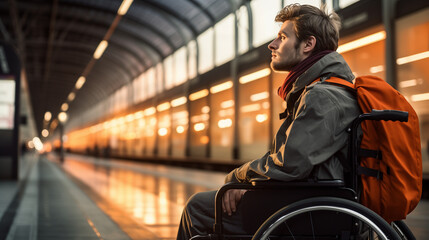 Fototapeta na wymiar A Disabled Man In A Wheelchair Is Waiting For The Train At Main Train Station