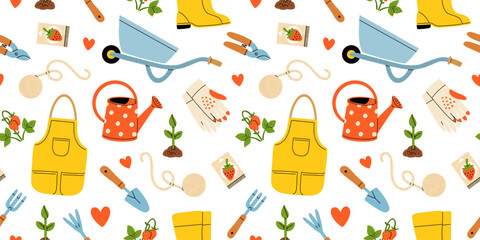 Various garden items. Gardening Tools. Gloves with seedling, flower pot, tulip, shears, scissors, shovel, rubber boots, watering can, seeds. Hand drawn Vector seamless Pattern. Horticulture concept