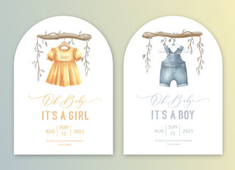 Cute baby shower watercolor invitation card for baby and kids new born celebration. Its a girl, Its a boy card with baby dress.