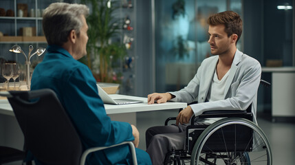 Doctor Is Listening To His Patient In A Wheelchair At Hospital Room