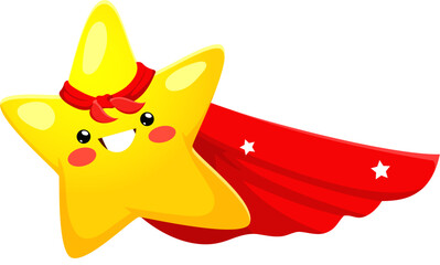 Cartoon cheerful kawaii star superhero character flying with super hero red cape. Cute twinkle star vector personage, shining yellow superstar emoticon or space superhero emoji wearing magic costume