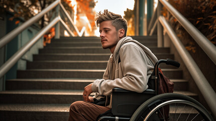 A Disabled Man In A Wheelchair With City Stairs In The Background 