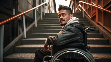 A Man In A Wheelchair With City Stairs In The Background 