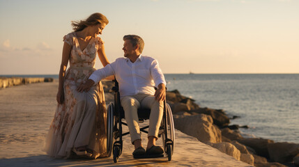 A Disabled Man In A Wheelchair With His Wife Are Spending Their Time Near The Sea During Vacation 