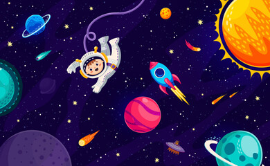 Cartoon boy astronaut in outer space near rocket and galaxy planet stars. Space travel, galaxy exploration adventure cartoon vector backdrop with funny kid spaceman, rockets and solar system planets - 755707043