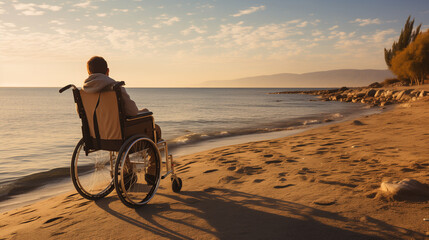 A Disabled Man In A Wheelchair is Enjoying a Tranquility Of The Sea While Staying At Sandy Beach