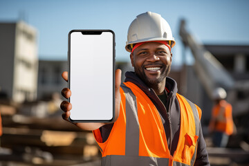 Black construction worker showing blank screen smartphone mockup at construction site