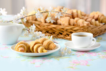 cup of coffee and cookies, croissants