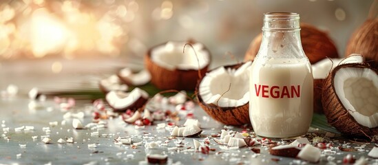 Glass bottle of dairy-free coconut milk with "VEGAN" lettering and ripe coconuts. Banner with place for text