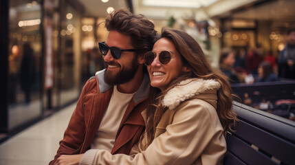 Fototapeta premium Stylish couple wearing sunglasses together in a shopping mall, smiling and enjoying time together.