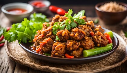 Deep fried spicy minced pork served with vegetable on plate, Thai food
