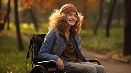 Charming Handicap Woman With Curly Hair Is Sitting In A Wheelchair In Urban park