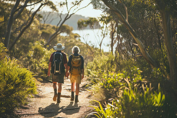 Fototapeta premium Hikers walking on forest trail with trees and water in background, adventure in nature concept