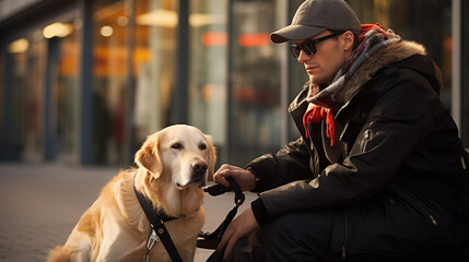 A Young Blind Man With His Service Dog In Town Centre