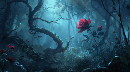Hate's whispers echo through the night, but amidst its chilling call, love rises like a surreal rose, blooming defiantly against the darkness. - obrazy, fototapety, plakaty