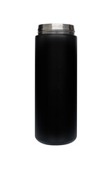 Black stainless steel water bottle isolated on white background.