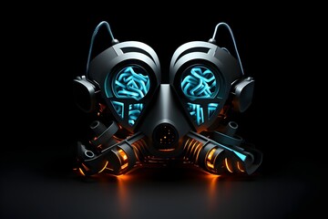 Cyberpunk Futuristic Gas Mask with Glowing Blue Brain on a Black Background