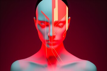 Futuristic Woman Portrait Split Human and Robot Face with Neon Lines and Holographic Projections