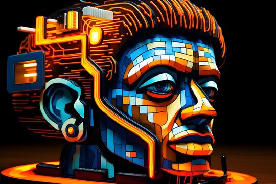 Vibrant Circuit Board Sculpture Portraying a Detailed Head of Frankensteins Monster in a 3D Digital Artwork