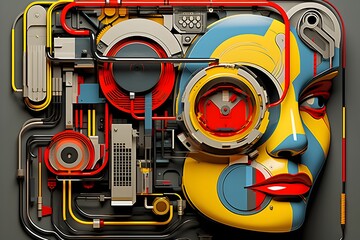 Futuristic Retrofuturistic 3D Face Design with Industrial Elements and Vibrant Colors