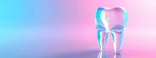 Model of tooth isolated on blue and pink background with copy space, healthcare concept