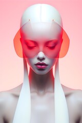 Futuristic Albino Woman in High-Tech Head Piece Exuding Power and Confidence