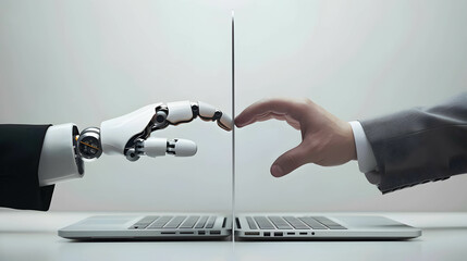 Robot and human work together, helps facilitate and increase work efficiency, AI technology or artificial intelligence that has become a part of human life - obrazy, fototapety, plakaty